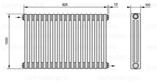 Схема (чертеж) Радиатор Zehnder Charleston 3100/18 №1670 Белый глянцевый RAL 9016